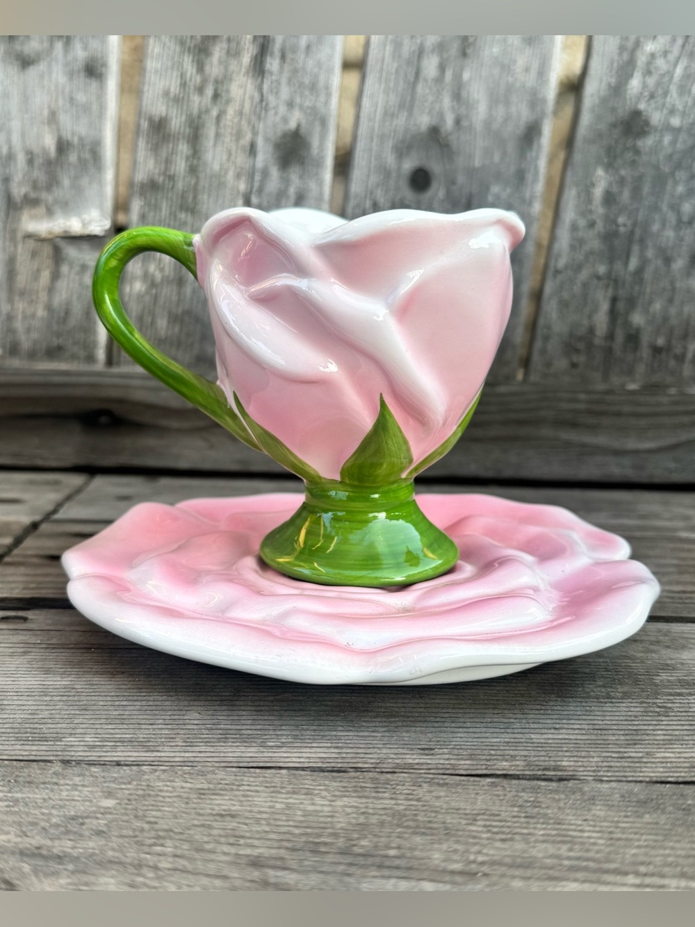 Vintage Teleflora Ceramic 3D Pink Rose Pedestal Teacup & Saucer Set